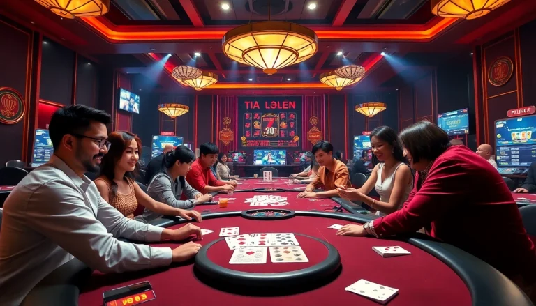 Exciting virtual casino scene with players enjoying top card games at gamebaidoithuong.com.vc, vibrant colors and dynamic atmosphere.