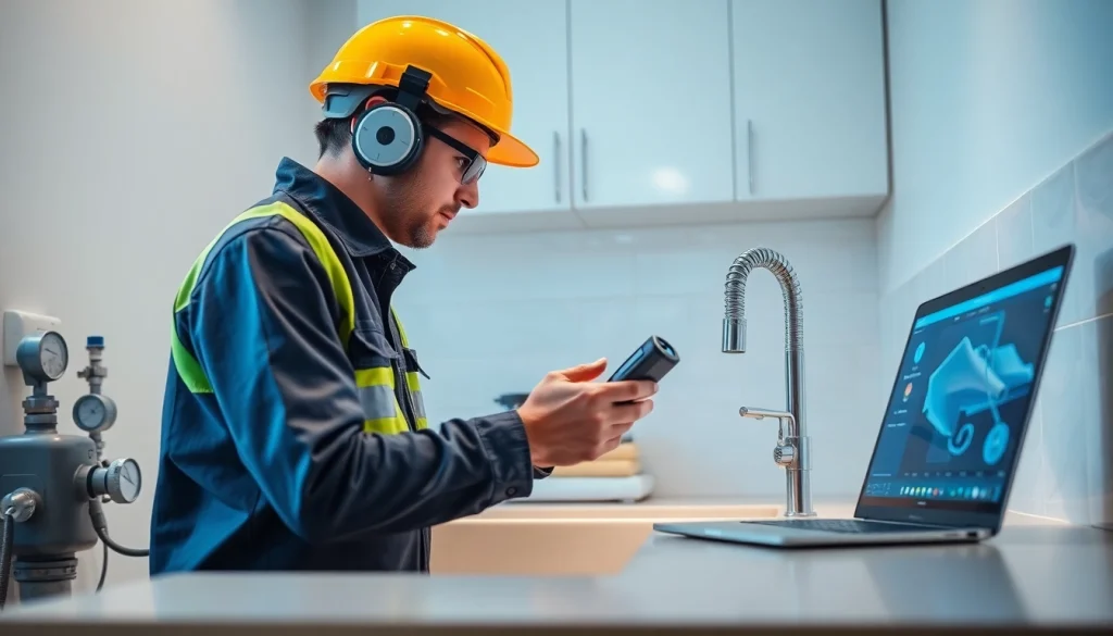 Leak detection technician using advanced technology to identify hidden leaks in a modern home.