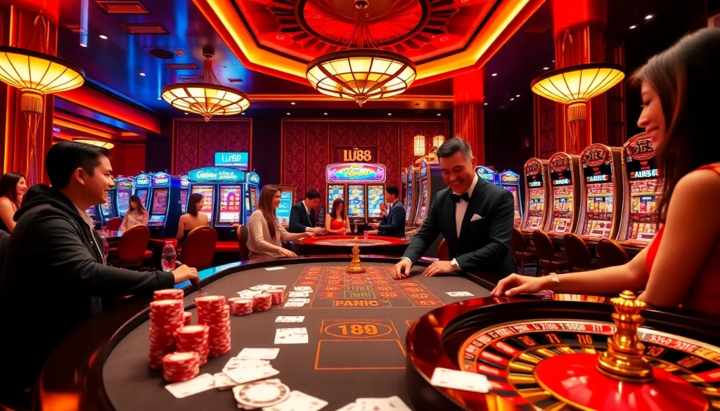 lu88 gaming scene with casino table, chips, and roulette wheel in a luxury setting