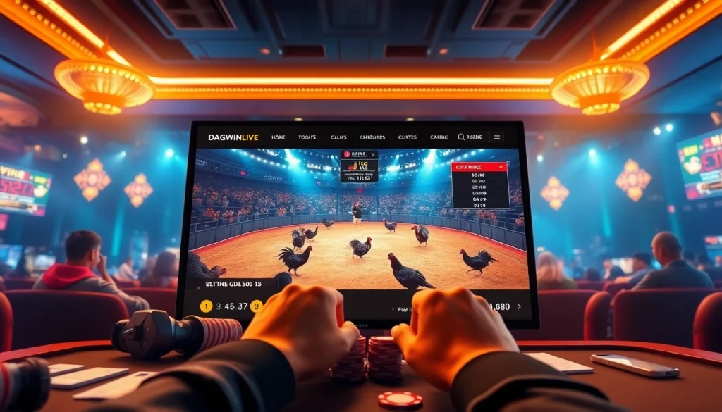 Live betting excitement on dagawin.live, showcasing a modern online casino atmosphere with players and cockfighting events.