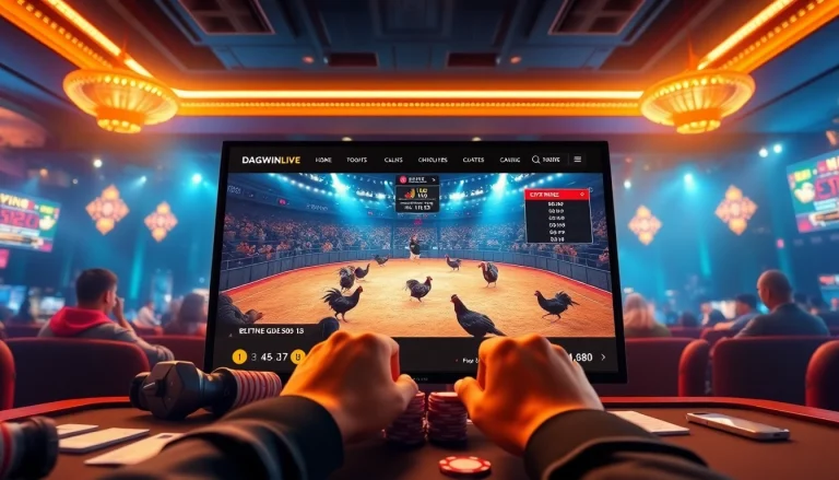 Live betting excitement on dagawin.live, showcasing a modern online casino atmosphere with players and cockfighting events.
