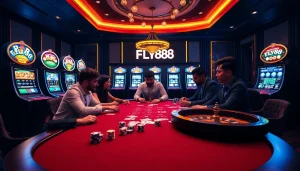 Engage with the excitement of FLY88 poker action at a plush casino table featuring vibrant chips and cards.