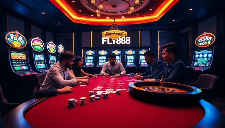 Engage with the excitement of FLY88 poker action at a plush casino table featuring vibrant chips and cards.