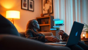 Engaging scene of a user interacting with an nsfw ai chatbot in a cozy, intimate setting.