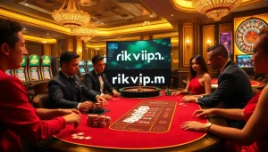 Engaged players at a luxurious gaming table, exploring options at https://rikvip.mx/ for high-stakes poker and roulette.