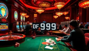 Players strategizing with DF 999 at a luxurious casino table, surrounded by vibrant slot machines.