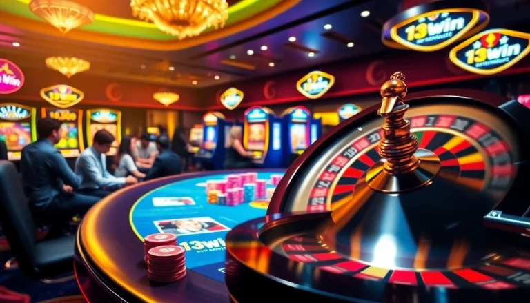 Experience the thrill of winning at 13Win with vibrant casino elements, poker chips, and a roulette wheel.