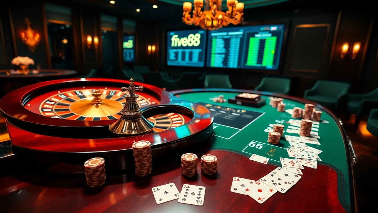 Experience the thrill of online gambling with five88's luxurious casino scene featuring roulette and poker chips.