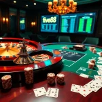 Experience the thrill of online gambling with five88's luxurious casino scene featuring roulette and poker chips.