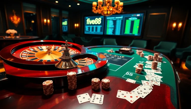 Experience the thrill of online gambling with five88's luxurious casino scene featuring roulette and poker chips.