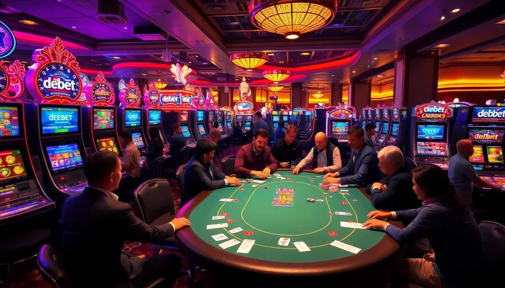 Excited gamblers at a poker table in a luxurious casino featuring debet betting interfaces.