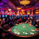 Excited gamblers at a poker table in a luxurious casino featuring debet betting interfaces.
