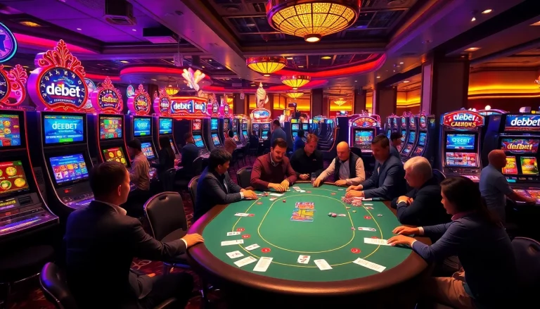 Excited gamblers at a poker table in a luxurious casino featuring debet betting interfaces.