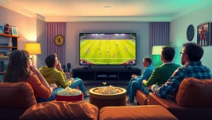 Friends enjoying a live football match together while engaging with joemadfan.com in a warm, inviting living room.