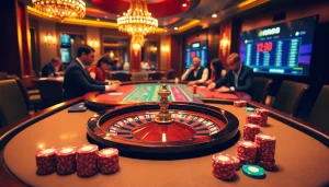 Experience RR88's thrilling casino action with a luxurious setting featuring poker and roulette highlights.