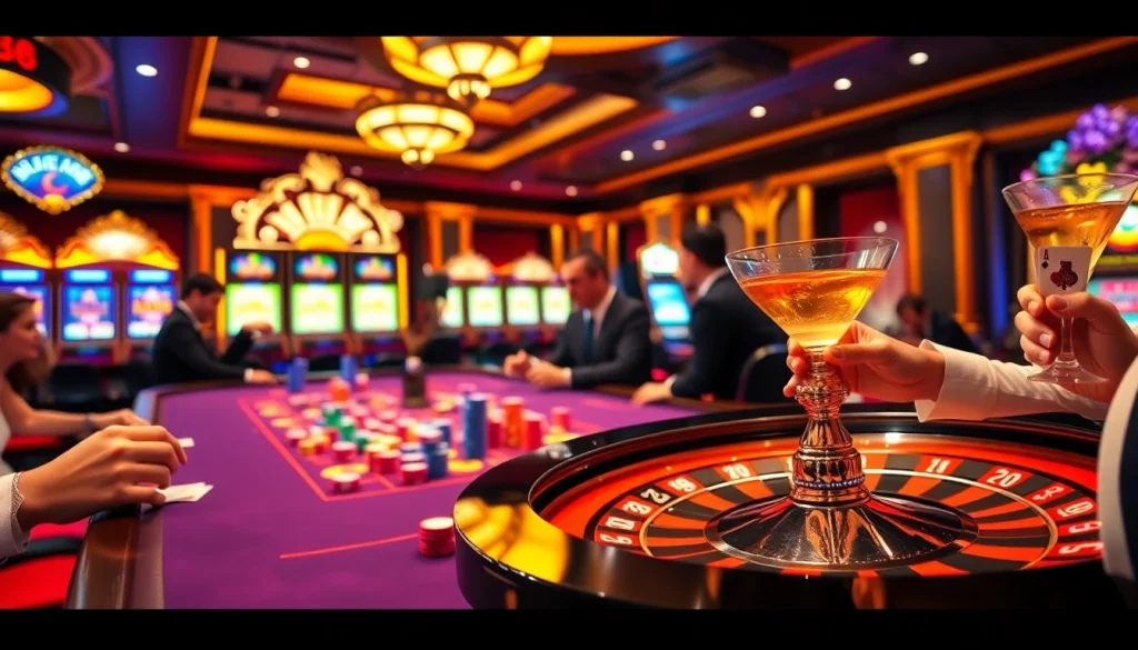 Experience nk88 gaming with vibrant casino tables, colorful poker chips, and a thrilling atmosphere.