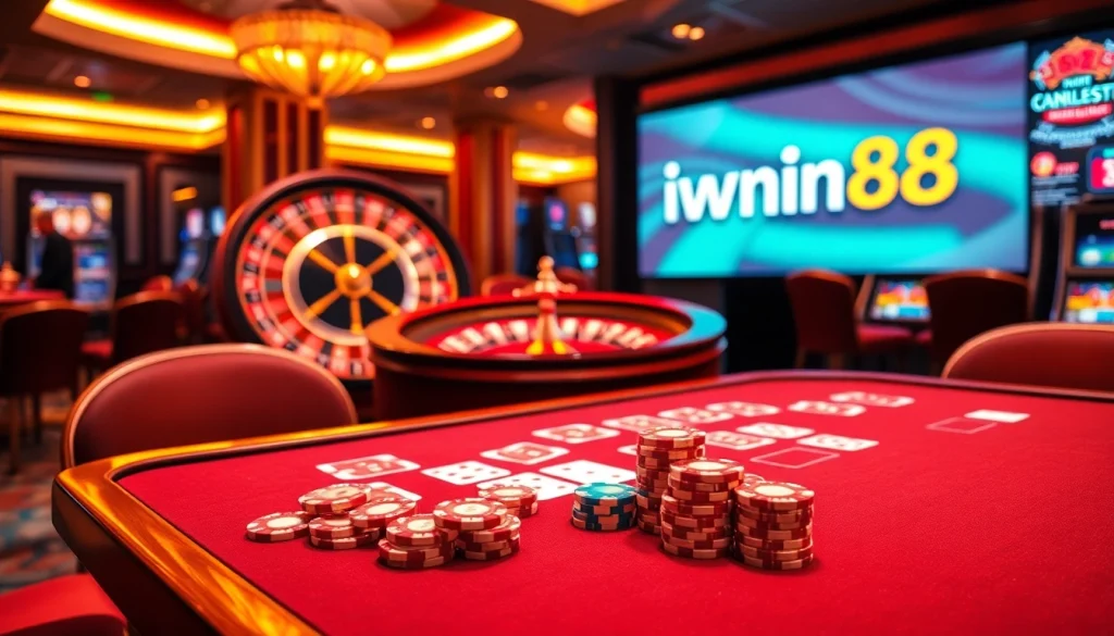 The excitement of iwin68 showcased at a luxurious gaming table with vibrant cards and poker chips.