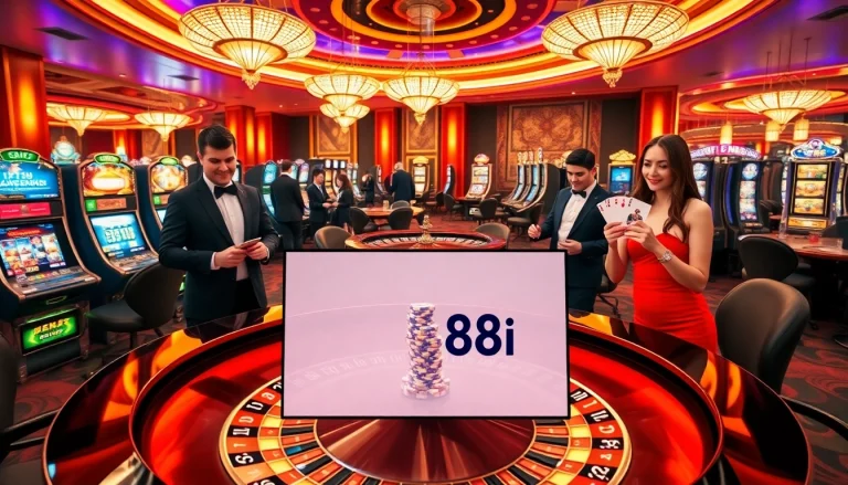 Engaging scene of gamblers enjoying games at a casino featuring link 88i prominently displayed.