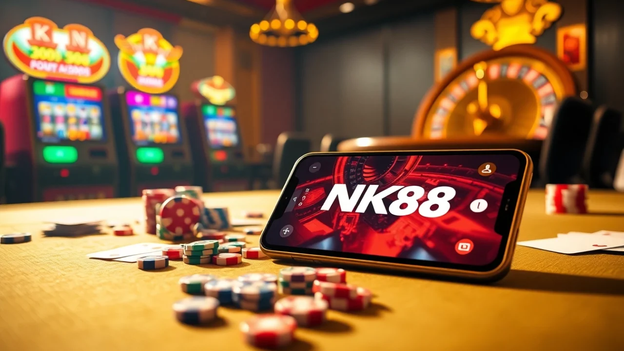 Experience the thrill of the NK88 app with vibrant online casino elements and poker action.