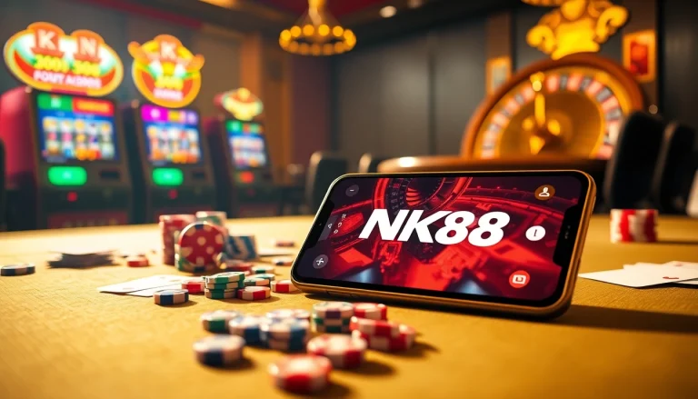 Experience the thrill of the NK88 app with vibrant online casino elements and poker action.