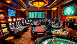 Nohu casino scene showcasing immersive gaming excitement with vibrant slot machines and poker players.