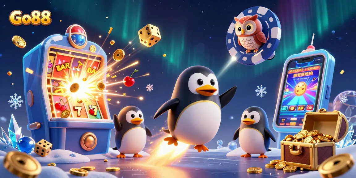 Experience Go88's exciting gaming adventure with a golden penguin soaring towards jackpots and winnings.
