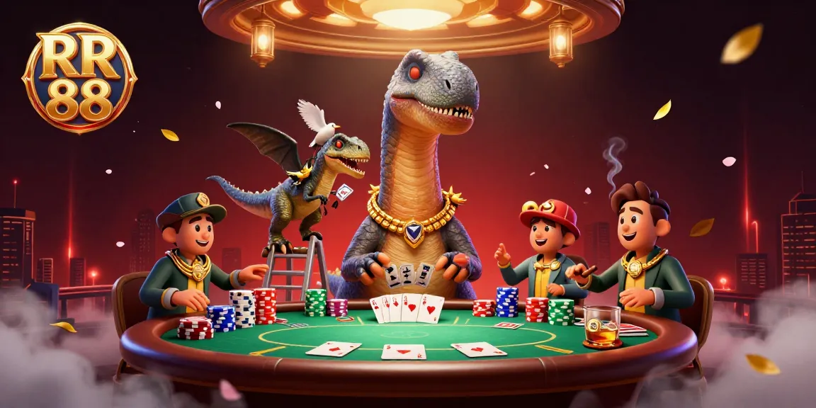 Experience the thrilling poker showdown at RR 88 with a towering brontosaurus and clever raptor in action.