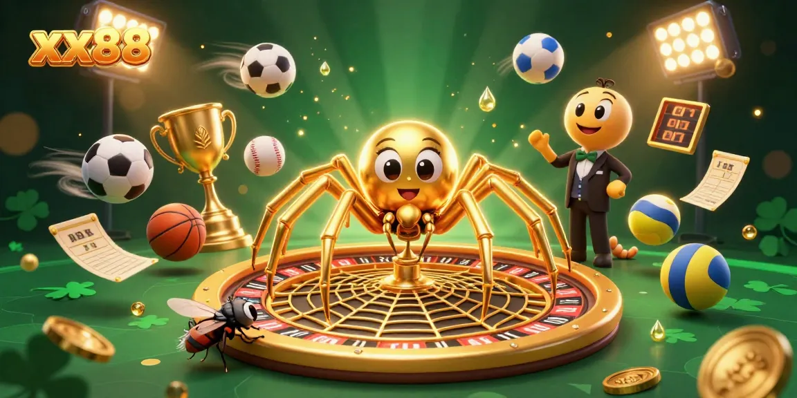 Experience thrilling bets with xx88's golden spider and centipede croupier in a dynamic casino scene.