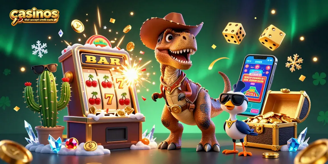 Engaging illustration of casinos that accept credit cards featuring a dinosaur, cactus, and roadrunner with casino elements.