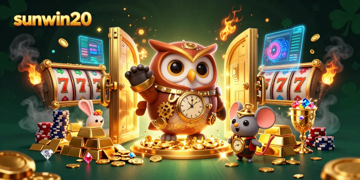 Win big with sunwin20 in this vibrant 3D casino scene featuring dynamic slots and treasures.