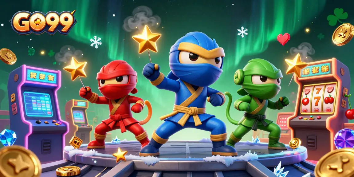 GO99 ninja chameleon team engages in dynamic gaming action amidst vibrant 3D arcade elements.